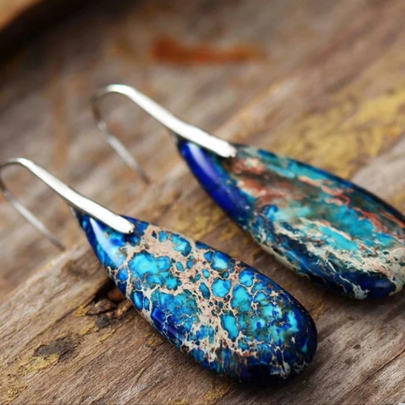 Beautiful Natural Stone ( Jasper )Drop Earrings With 925 Silver Plated Ear Hook. - Picture 3 of 5